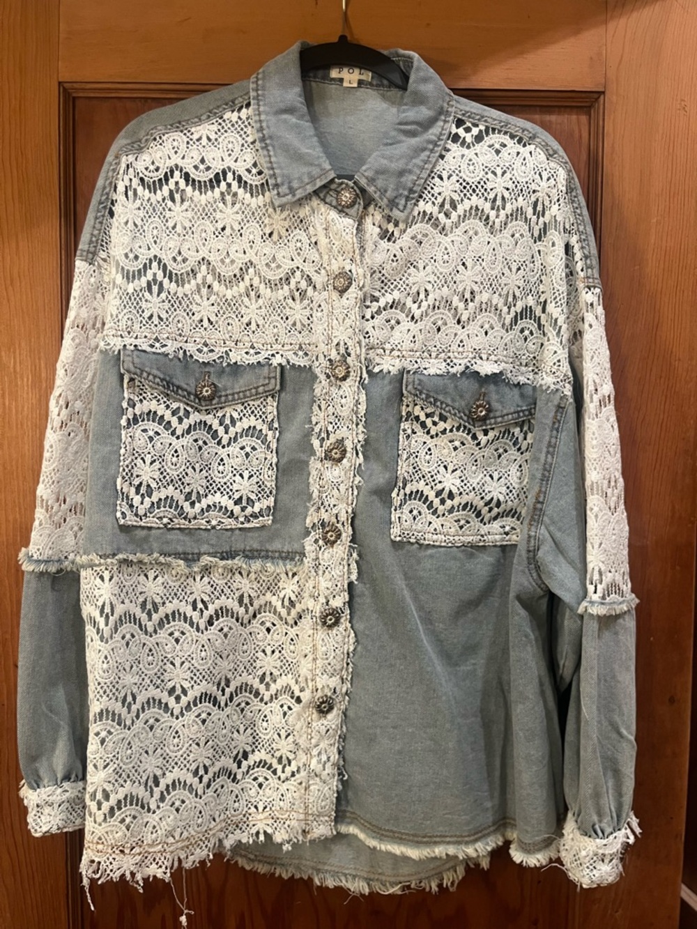 POL Light Denim Shirt with White Crochet Hem